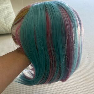 Pastel Teal and Pink Short Synthetic Wig with Subtle Lavender Highlights
